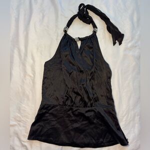Vintage Y2K Nu Collective Black Silk Halter Top with faux Diamond details 🤍